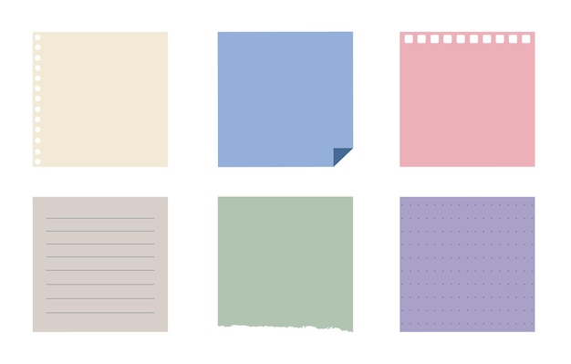 Set of different note papers on isolated background