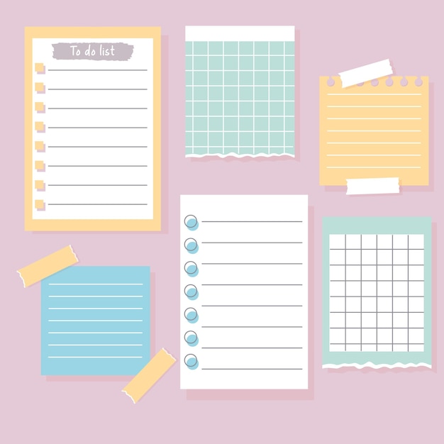 Set of different note papers Paper notes on stickers to do list and memo Vector illustration