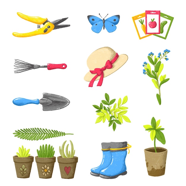 A set of different objects on the theme of spring and garden