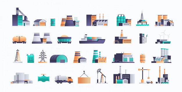 Vector set different oil industry facilities icons of extraction production