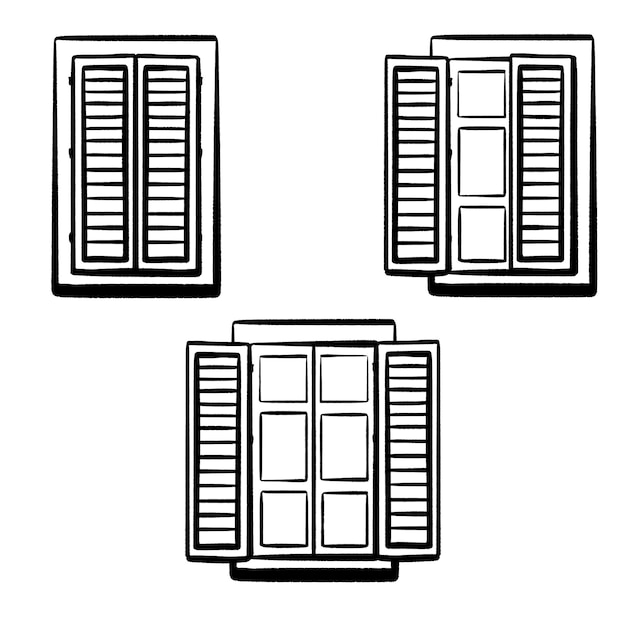 Diverse finestre aperte chiuse inchiostro vettoriale disegnato a mano finestra italiana con persiane cornice in legno