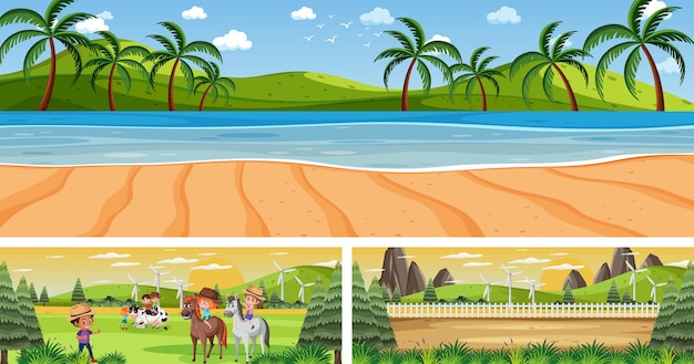 Set of different outdoor panoramic landscape scenes with cartoon character