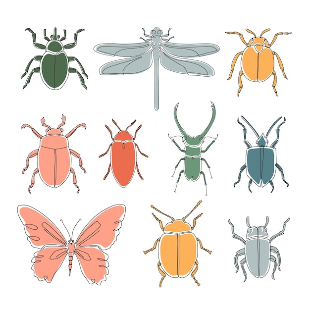 Set of different outline abstract insects. HAnd  drawn vector illustration for pattern, logo, design.