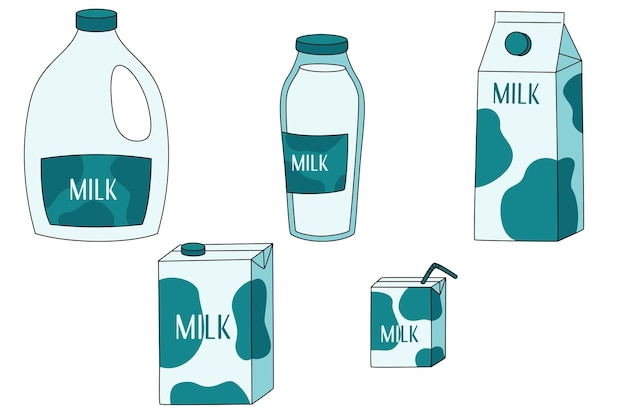 Set of different package of dairy products milk in boxes and bottles container icons