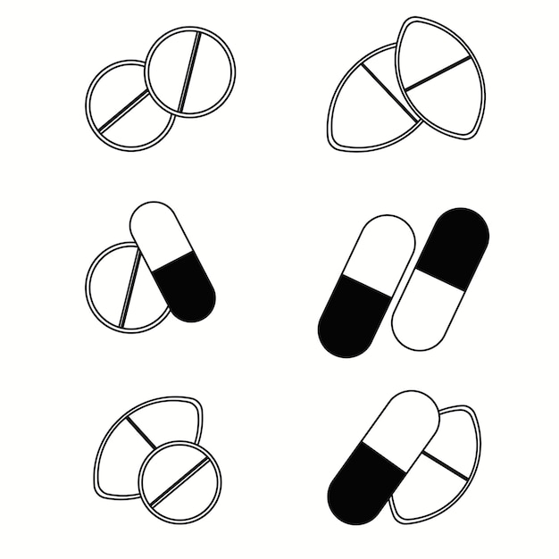 Set di diverse forme accoppiate di compresse in stile linea bianca e nera illustrazione vettoriale