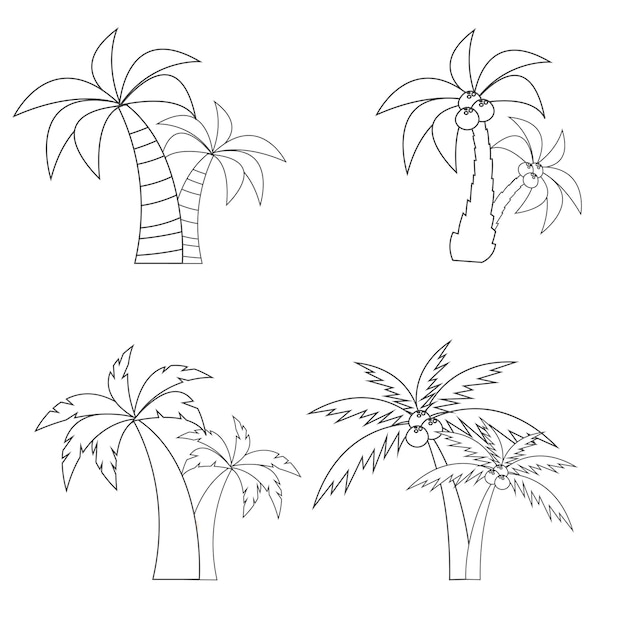 Vettore set di diverse palme accoppiate con noci di cocco in uno stile di linea isolato su sfondo bianco illustrazione vettoriale