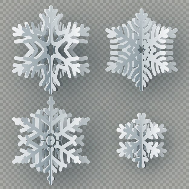 Vector set of different paper snowflake cut from paper isolated on transparent background. merry christmas, new year winter theme decoration object.