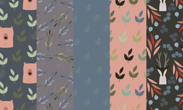 A set of different patterns including leaves, flowers, and leaves.