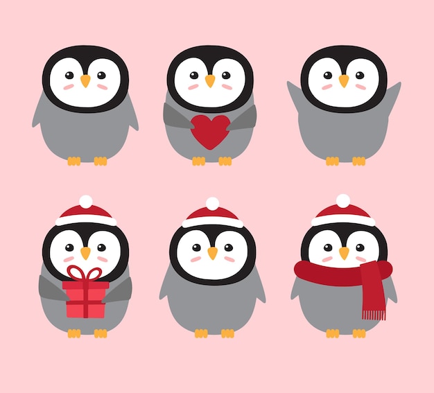 Set of different penguins in flat style