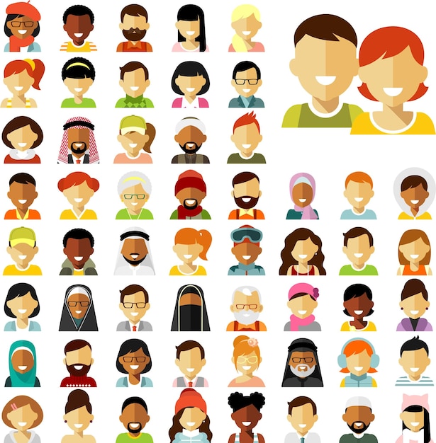 Vector set of different people avatar face icon in flat style