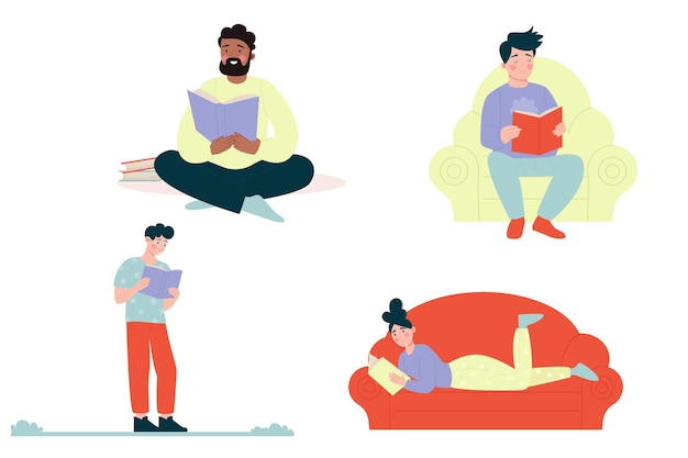 Set of different people reading a book vector illustration