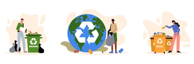 Set of different people sorting organic and metal garbage around world Green environment concept