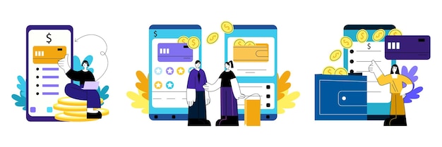 Set of different people standing near big mobile screen manage web wallet and money