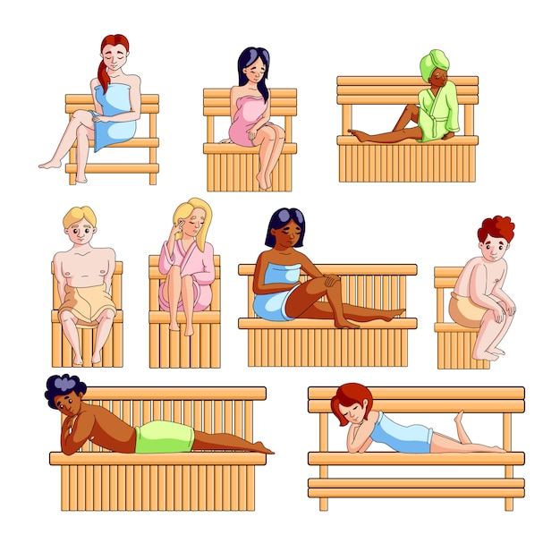 Vector set of different people, woman and man in wood sauna