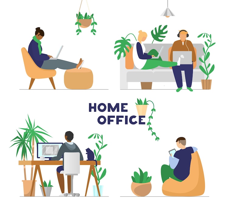 Vector set of different people working or studying with laptops