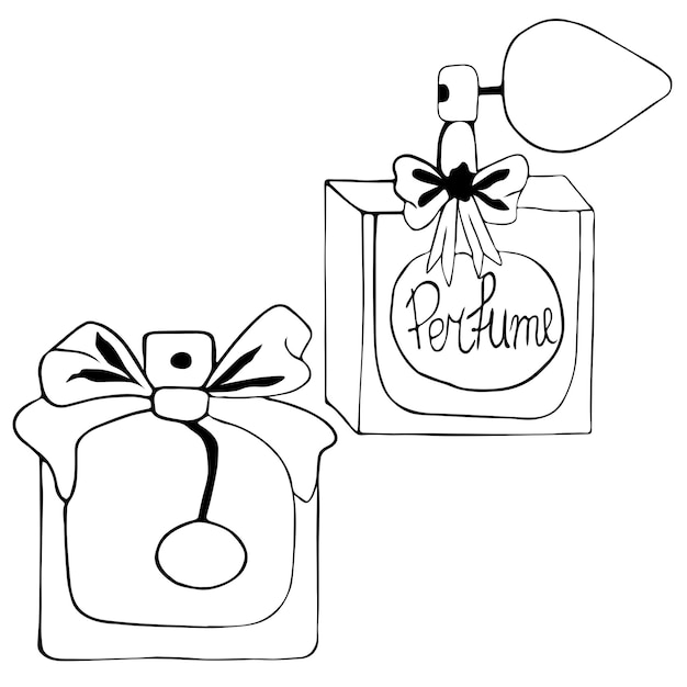 Set of different perfume bottles in the style of doodles, drawn by hand in ink. Cosmetics perfumes