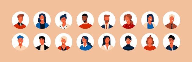 Set different person portrait of big diverse business team vector flat illustration. Collection of people avatars isolated. Bundle of joyful smiling colleagues. Man and woman faces at round frame.