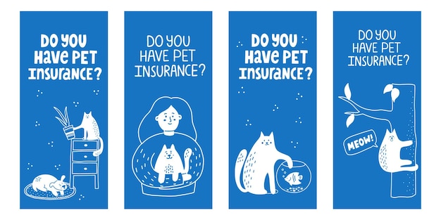 Set of different pet insurance concepts. hand drawn vector illustration with lettering. template for pet insurance flyers or banners.