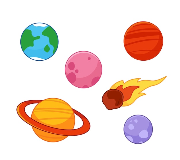 Set of different planets Space objects  mars earth venus pluto meteorite Vector illustration