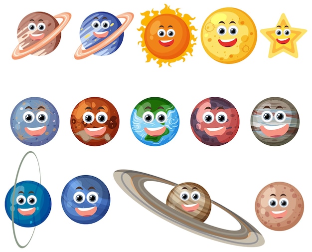 Vector set of different planets with face expression