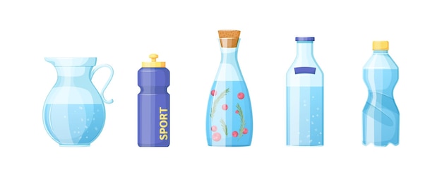 Vector set of different plastic and glass reusable water bottles