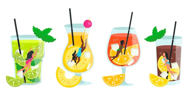 Set of different popular cocktails with floating girls inside the glass Vector graphic