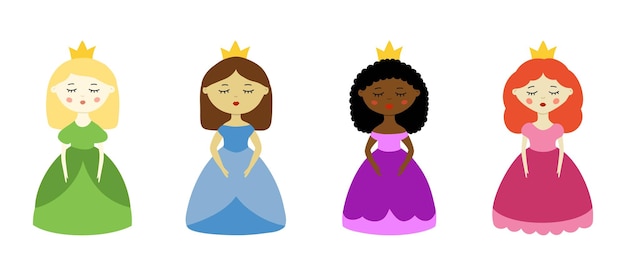 Set of different princesses vector illustrations in simple cartoon flat design Various skin and hair