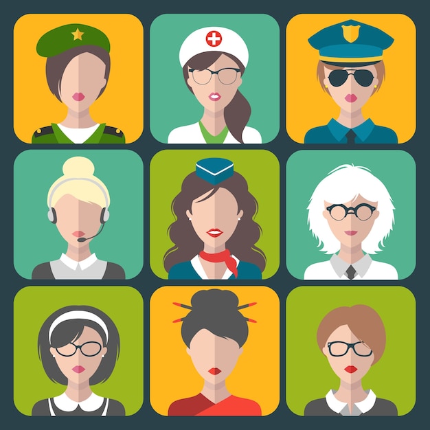 set of different professions woman app icons in flat style.