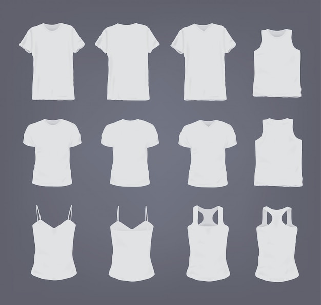 Set of different realistic white female and male t-shirt.