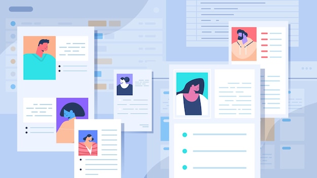 新入社員の写真と個人情報を含むさまざまな履歴書の履歴書のセット求職者採用コンセプト水平ベクトル図
