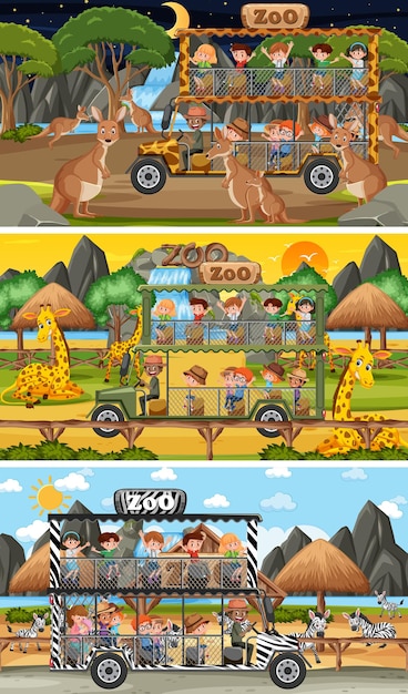Набор различных горизонтальных сцен сафари с животными и детьми мультипликационного персонажа
