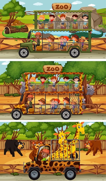 Set of different safari horizontal scenes with animals and kids cartoon character