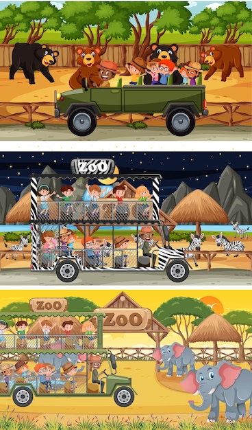 Set of different safari horizontal scenes with animals and kids cartoon character