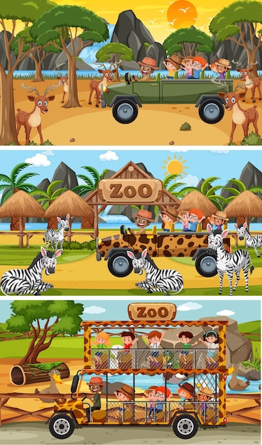 Set of different safari horizontal scenes with animals and kids cartoon character