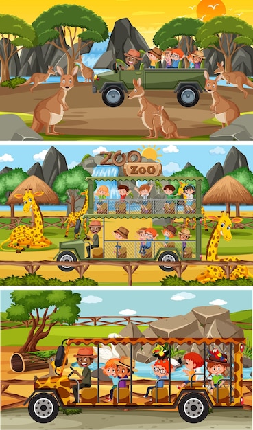 Set di diverse scene orizzontali di safari con animali e personaggi dei cartoni animati per bambini