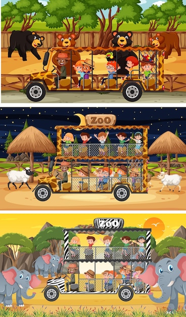 Set of different safari horizontal scenes with animals and kids cartoon character