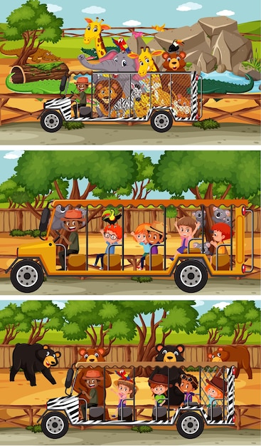 Set di diverse scene orizzontali di safari con personaggi dei cartoni animati di animali e bambini