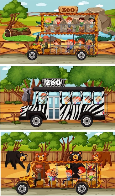 Set of different safari horizontal scenes with animals and kids cartoon character