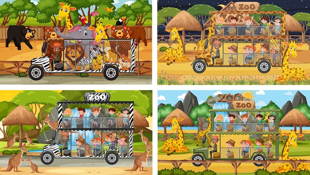 Set of different safari scenes with animals and kids cartoon character