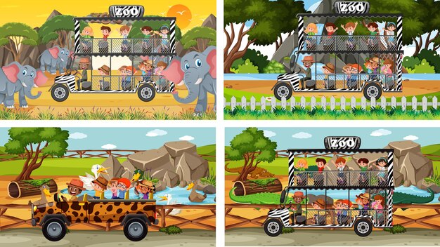 Set of different safari scenes with animals and kids cartoon character