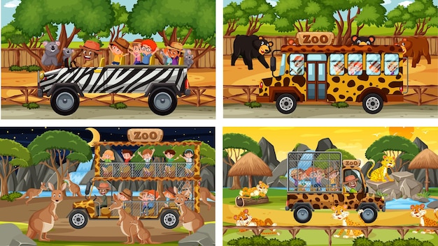 Set of different safari scenes with animals and kids cartoon character