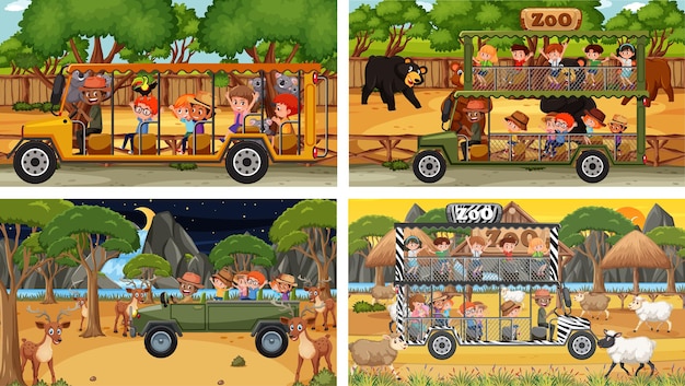 Set of different safari scenes with animals and kids cartoon character