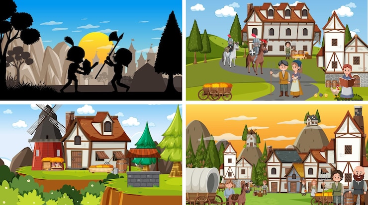Vector set of different scene medieval with silhouette