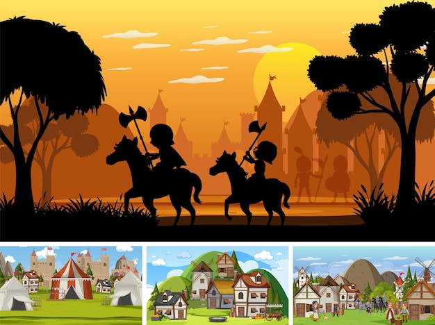 Set of different scene medieval with silhouette