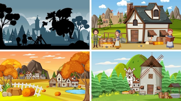 Vector set of different scene medieval with silhouette