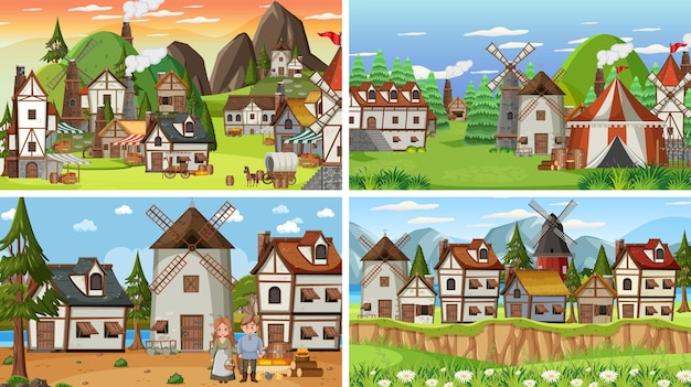 Vector set of different scene medieval