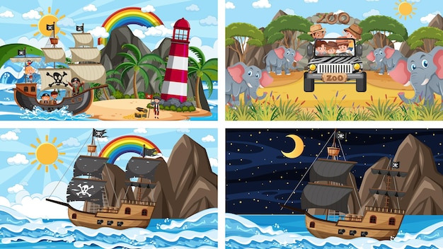 Set of different scenes with animals in the zoo and pirate ship at the sea