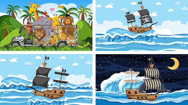 Set of different scenes with animals in the zoo and pirate ship at the sea