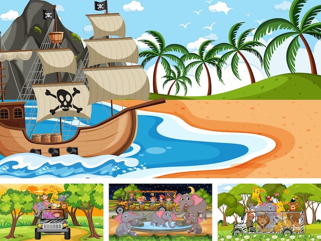 Set of different scenes with pirate ship at the sea and animals in the zoo