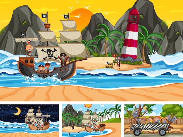 Set of different scenes with pirate ship at the sea and animals in the zoo